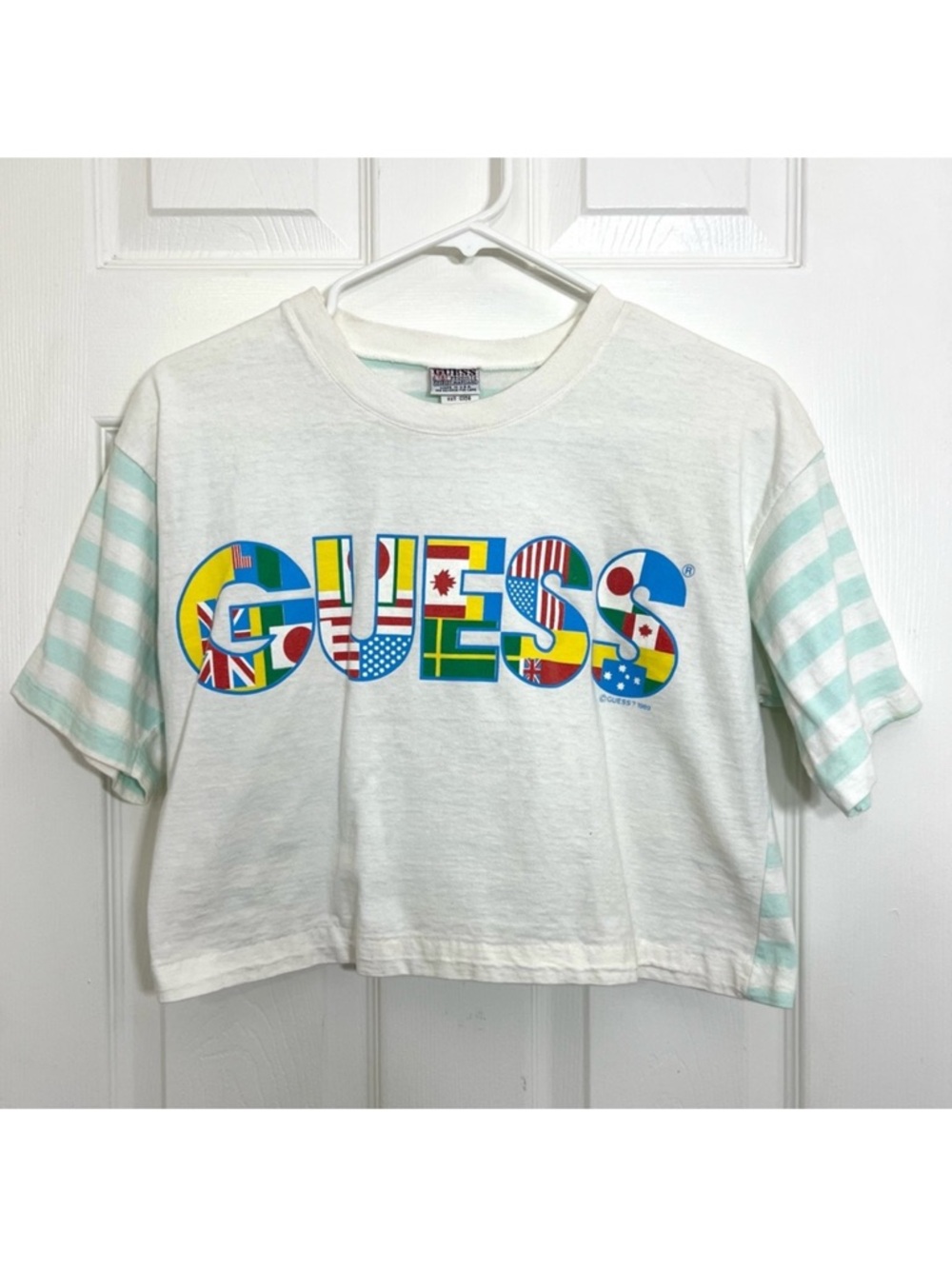 Vintage 80’s Guess Flag Cropped T-Shirt White Sea Foam Green Striped Size S
